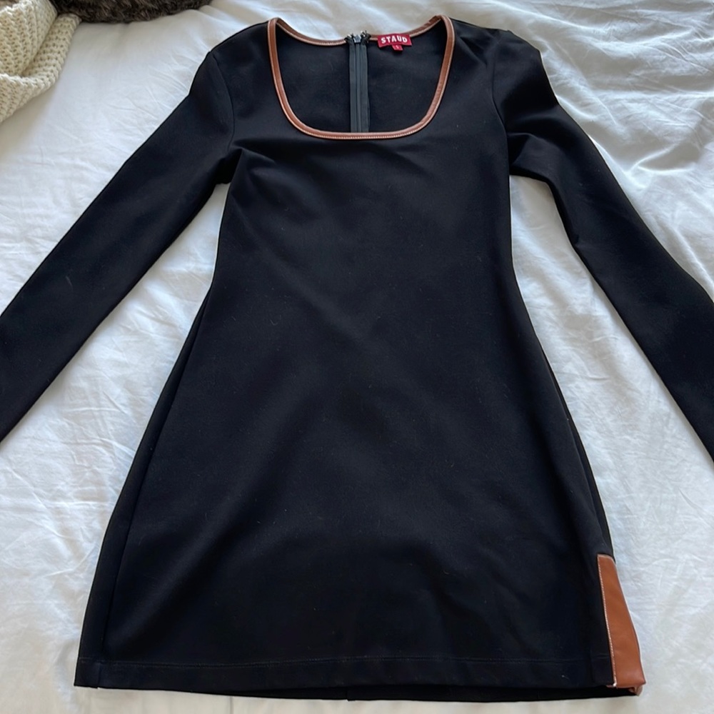 Staud black cotton long sleeve mini dress with leather detail